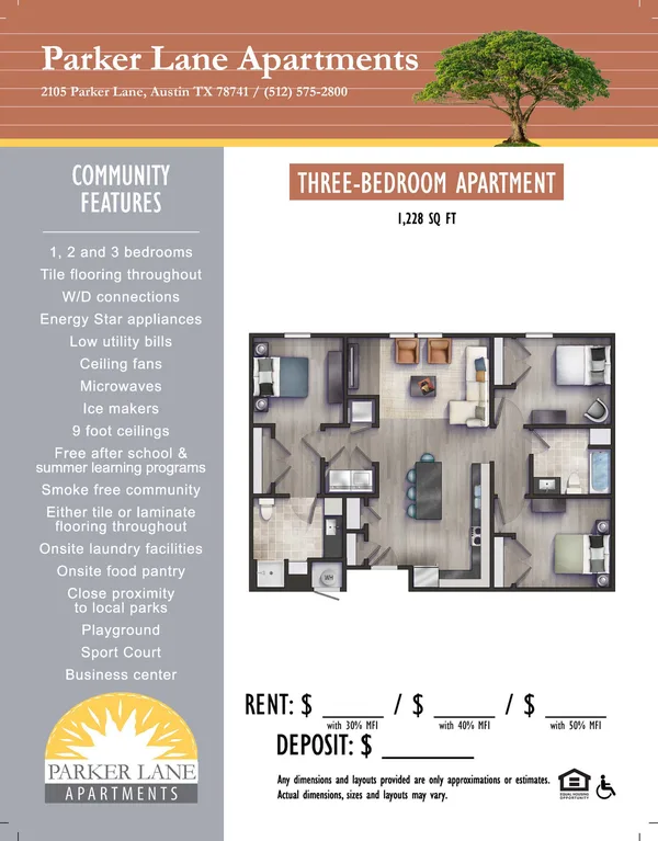 3 Bed 2 Bath floor plan, 3 bedroom, 1,228 sq ft