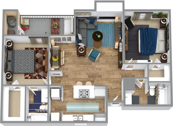 Two Bed Two Bath floor plan, 2 bedroom, 972 sq ft