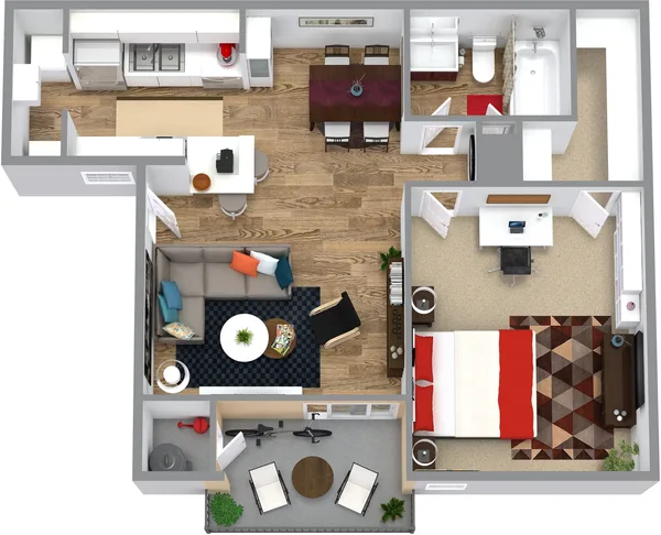 One Bed One Bath A floor plan, 1 bedroom, 691 sq ft