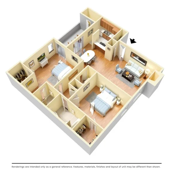 B2 floor plan, 2 bedroom, 1,000 sq ft