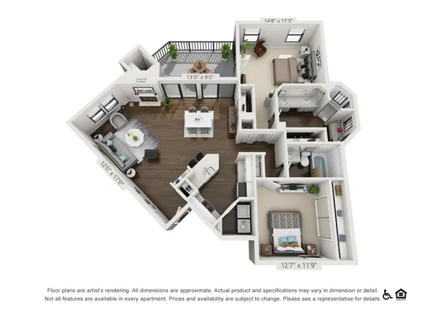 The Sequoia floor plan, 2 bedroom, 1,075 sq ft
