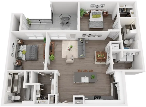 B3 floor plan, 2 bedroom, 1,217 sq ft