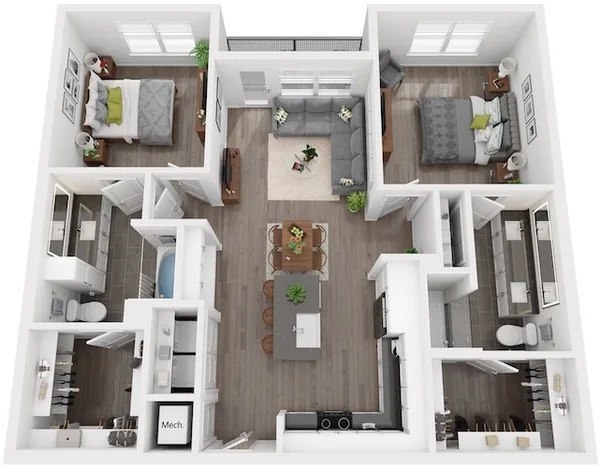 B1 floor plan, 2 bedroom, 1,106 sq ft