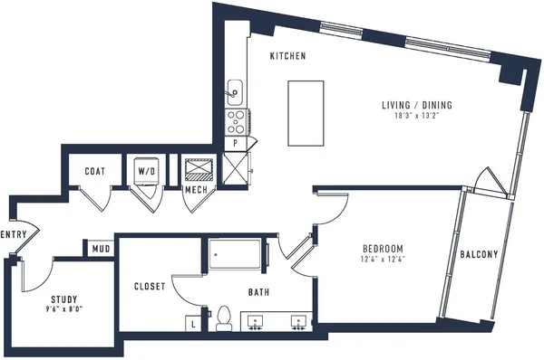 A18T floor plan, 1 bedroom, 1,049 sq ft