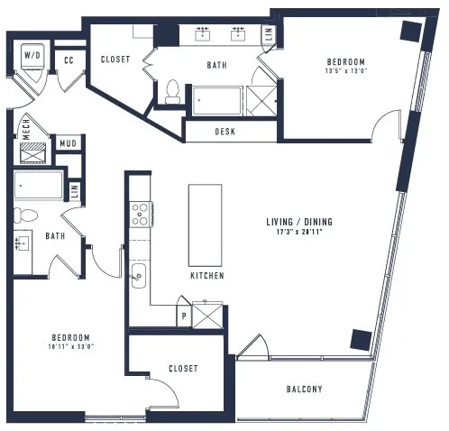 B8T floor plan, 2 bedroom, 1,455 sq ft