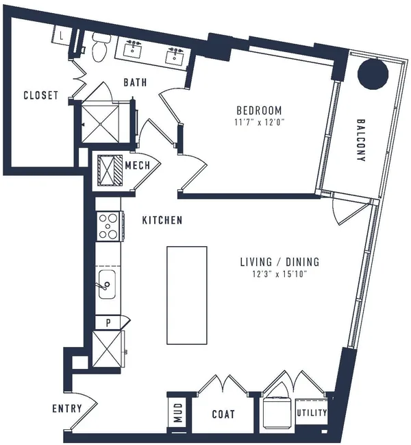A12T floor plan, 1 bedroom, 820 sq ft