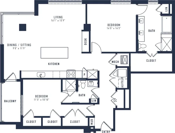 B10T floor plan, 2 bedroom, 1,570 sq ft