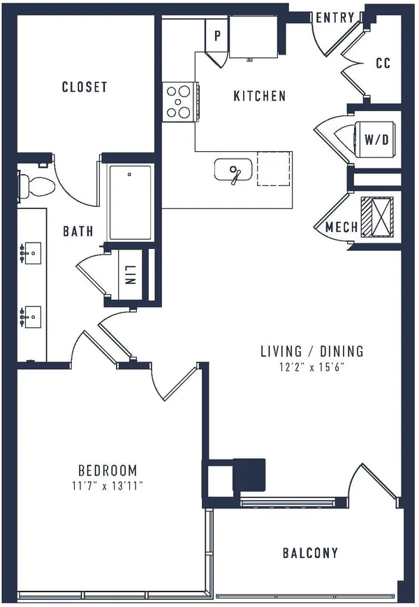 A14T floor plan, 1 bedroom, 865 sq ft