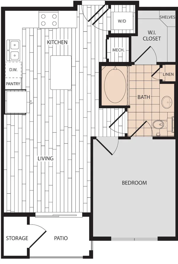 A1 floor plan, 1 bedroom, 641 sq ft