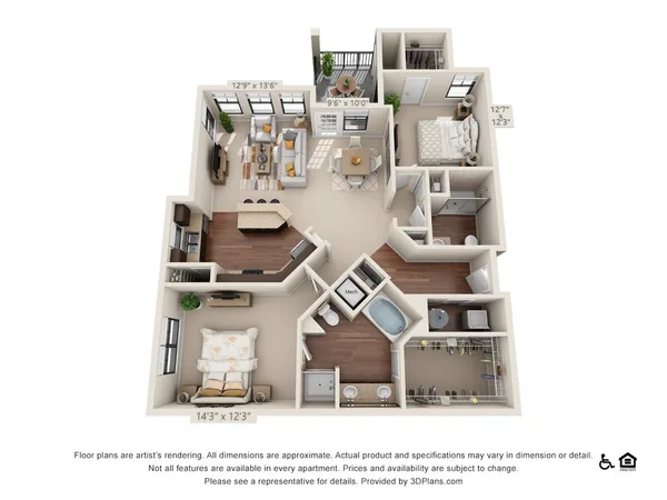 B2 floor plan, 2 bedroom, 1,281 sq ft