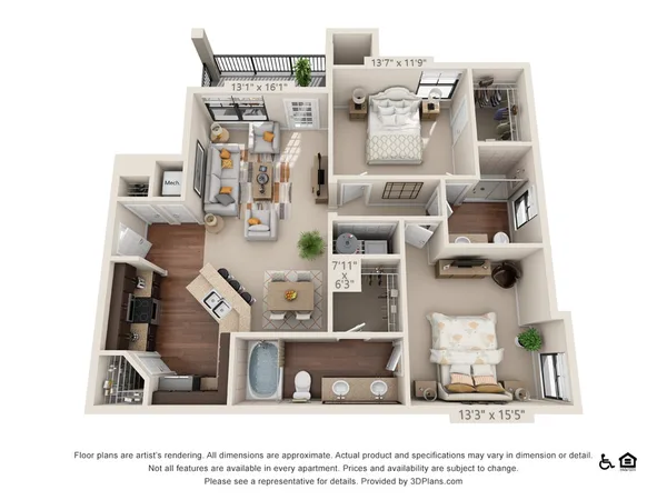 B1a floor plan, 2 bedroom, 1,095 sq ft