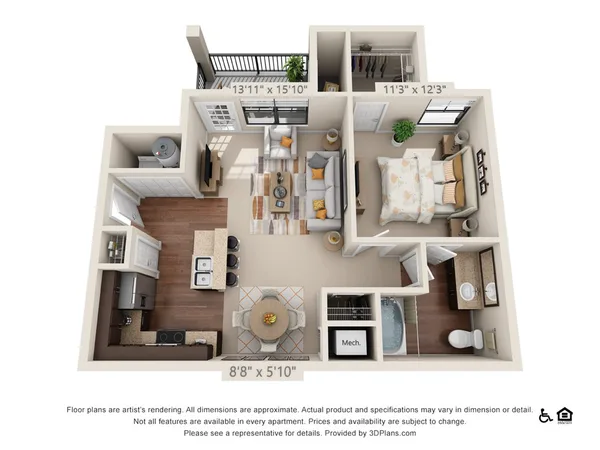 A2 floor plan, 1 bedroom, 700 sq ft