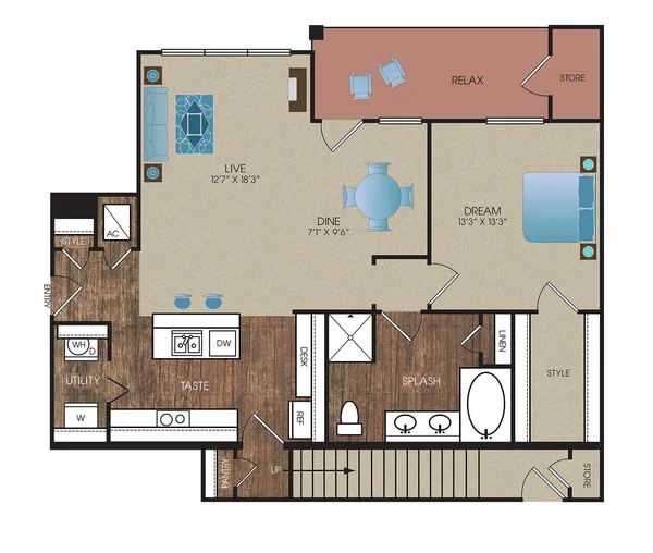 A4a floor plan, 1 bedroom, 965 sq ft