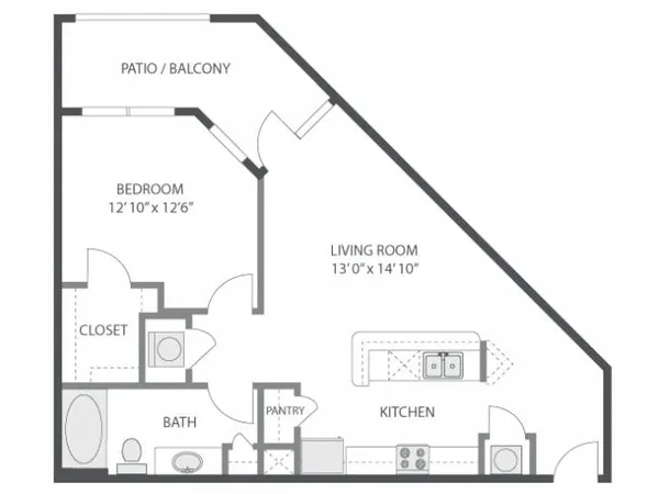 A3 floor plan, 1 bedroom, 714 sq ft