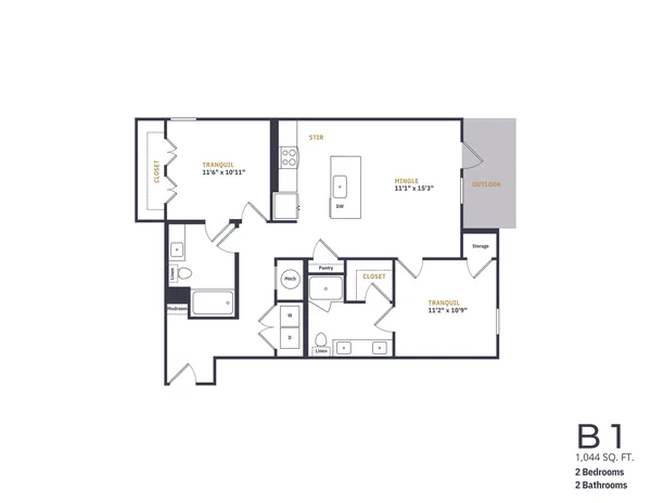 B1 floor plan, 2 bedroom, 1,044 sq ft