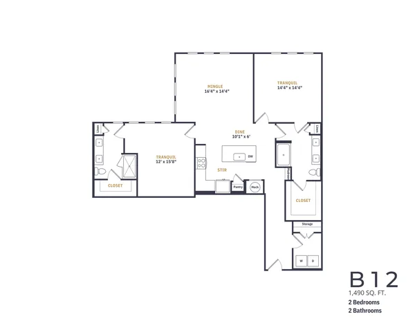 B12 floor plan, 2 bedroom, 1,490 sq ft