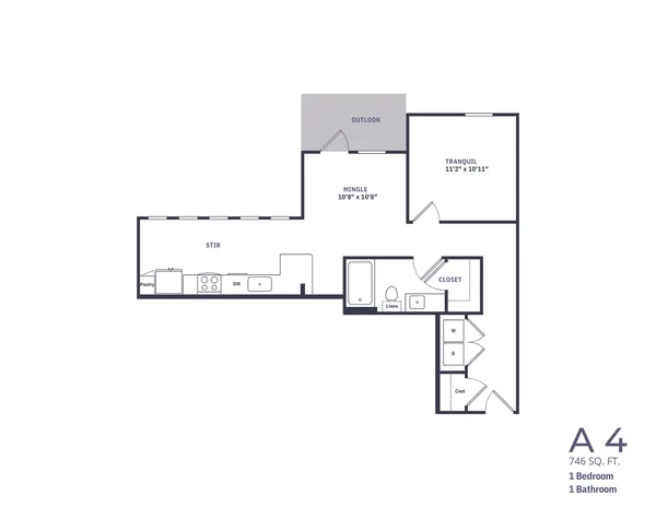 A4 floor plan, 1 bedroom, 746 sq ft