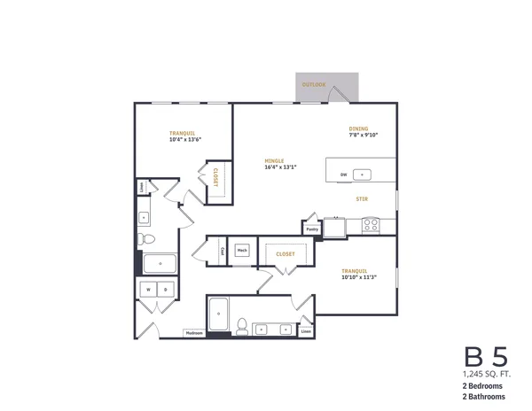 B5 floor plan, 2 bedroom, 1,245 sq ft