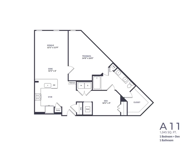 A11 floor plan, 1 bedroom, 1,045 sq ft