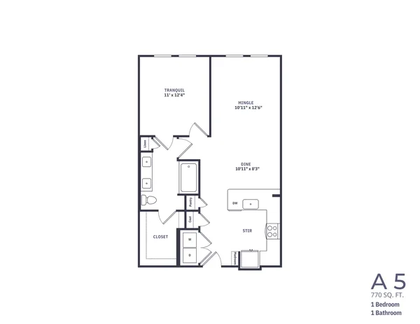 A5 floor plan, 1 bedroom, 770 sq ft