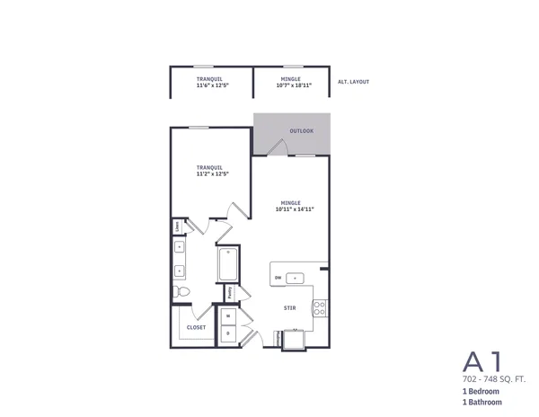 A1 floor plan, 1 bedroom, 705 sq ft