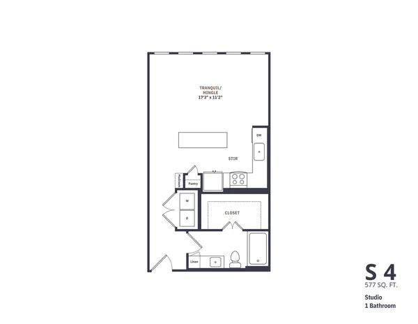S4 floor plan, studio, 577 sq ft