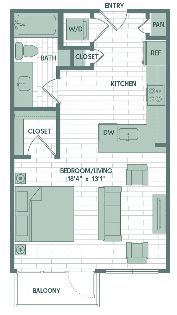 E4 floor plan, studio, 553 sq ft