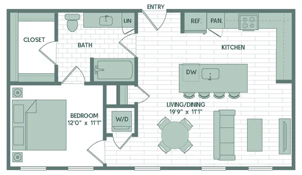 A9 floor plan, 1 bedroom, 720 sq ft