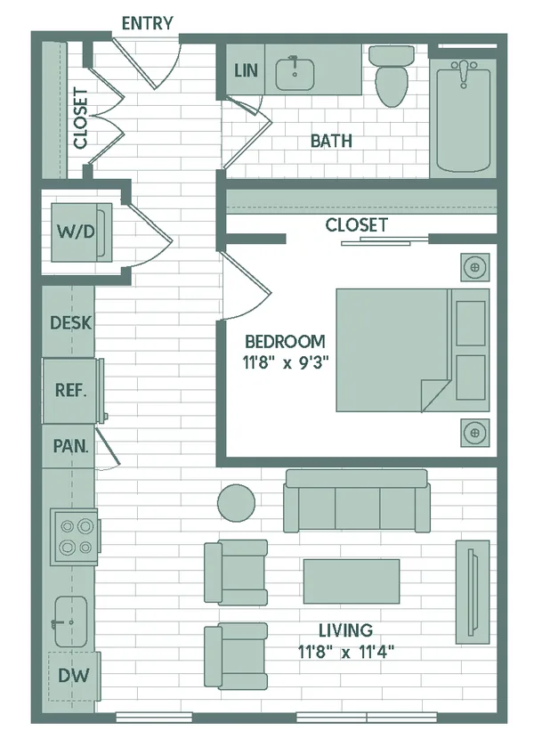 A3 floor plan, 1 bedroom, 585 sq ft