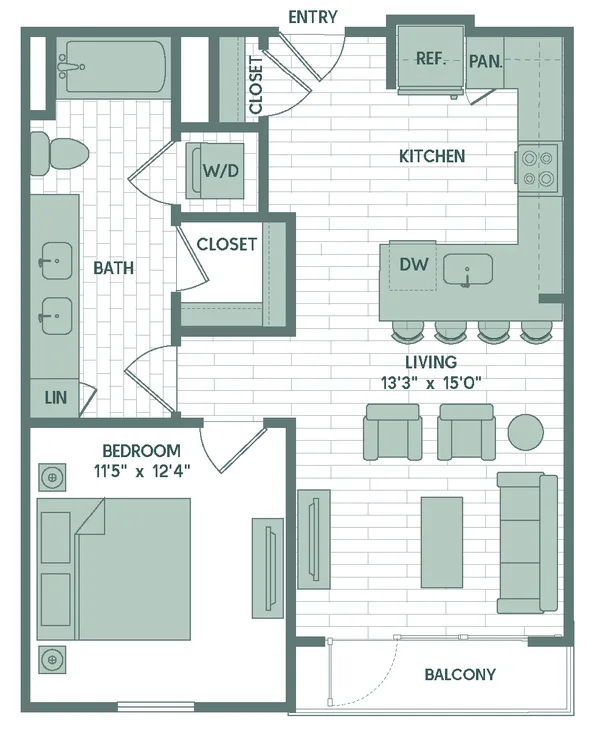 A8 floor plan, 1 bedroom, 750 sq ft