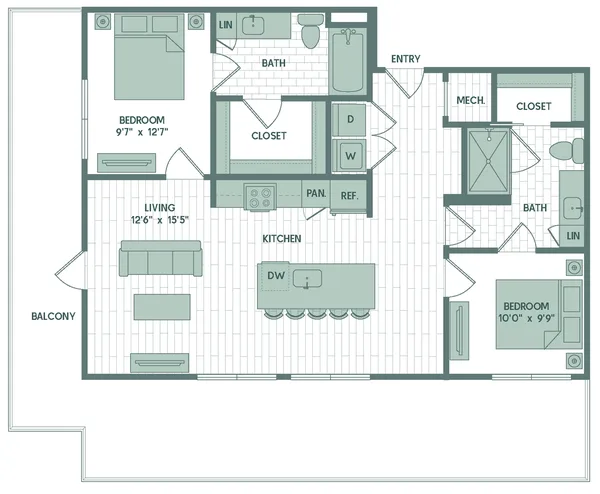 B7 floor plan, 2 bedroom, 1,159 sq ft