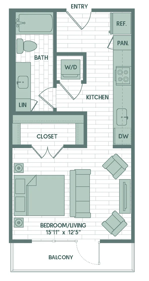 E2 floor plan, studio, 480 sq ft