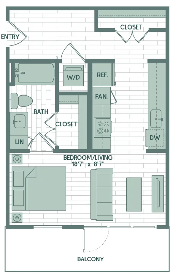 E3 floor plan, studio, 522 sq ft