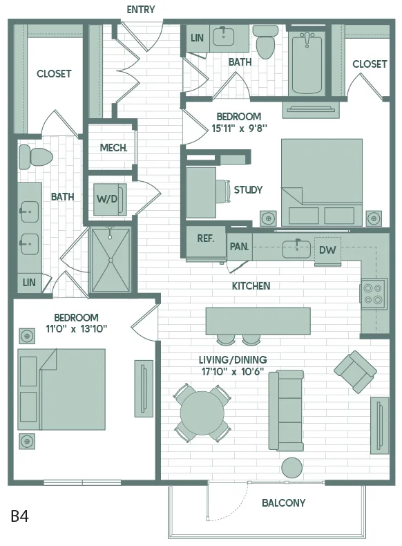 B4 floor plan, 2 bedroom, 1,071 sq ft
