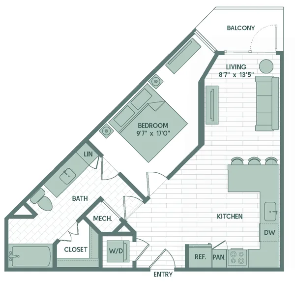 A5 floor plan, 1 bedroom, 671 sq ft