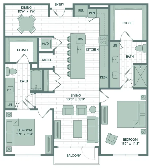 B8 floor plan, 2 bedroom, 1,198 sq ft