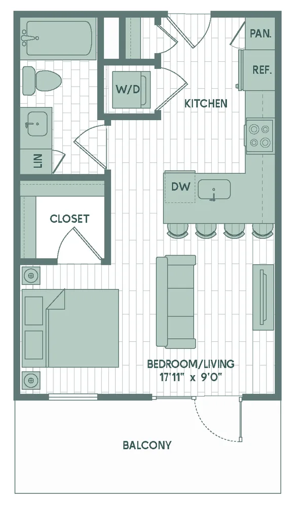 E1 floor plan, studio, 557 sq ft