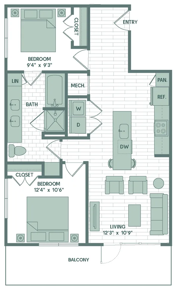 B1 floor plan, 2 bedroom, 842 sq ft
