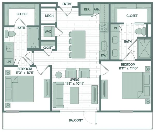 B3 floor plan, 2 bedroom, 940 sq ft