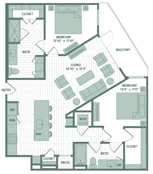 B6 floor plan, 2 bedroom, 1,132 sq ft