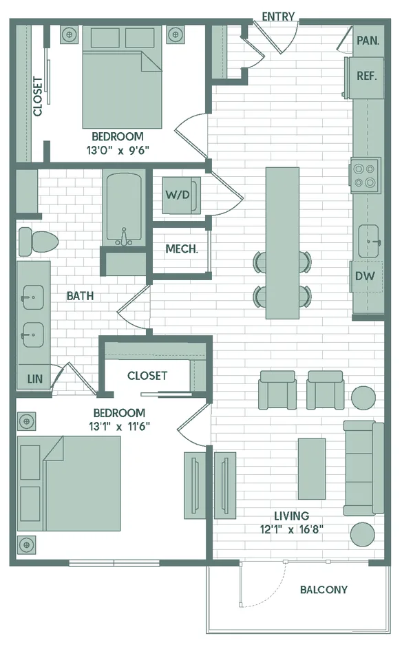 B2 floor plan, 2 bedroom, 887 sq ft