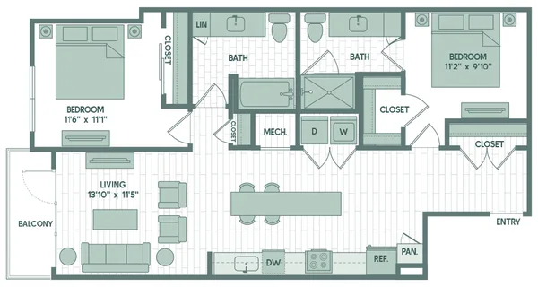 B5 floor plan, 2 bedroom, 1,057 sq ft
