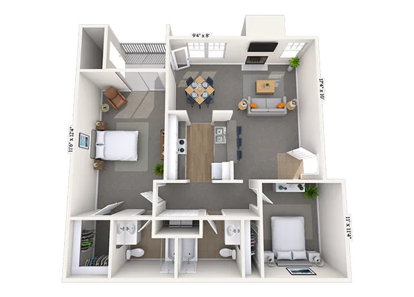 Magnolia floor plan, 2 bedroom, 1,050 sq ft