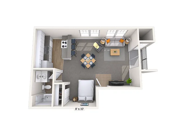 Buttercup floor plan, studio, 500 sq ft