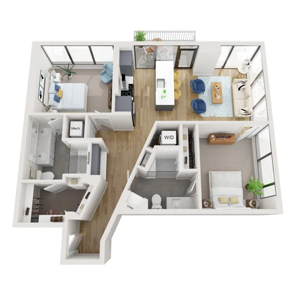 B2 floor plan, 2 bedroom, 1,096 sq ft
