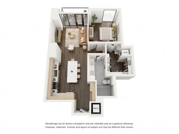 A5 floor plan, 1 bedroom, 885 sq ft