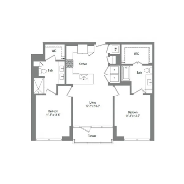 B1 floor plan, 2 bedroom, 1,092 sq ft