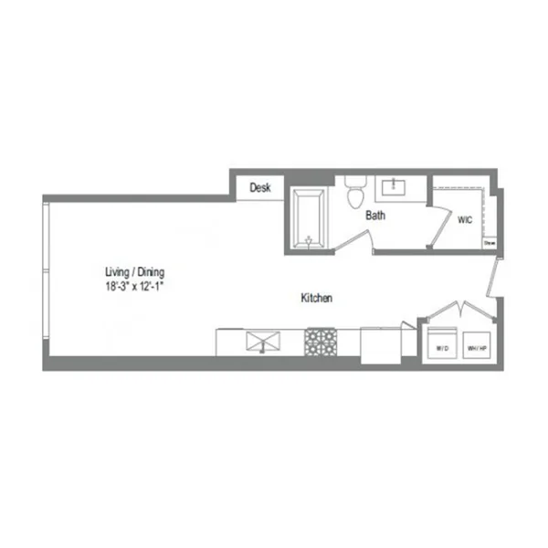 S2 floor plan, studio, 534 sq ft