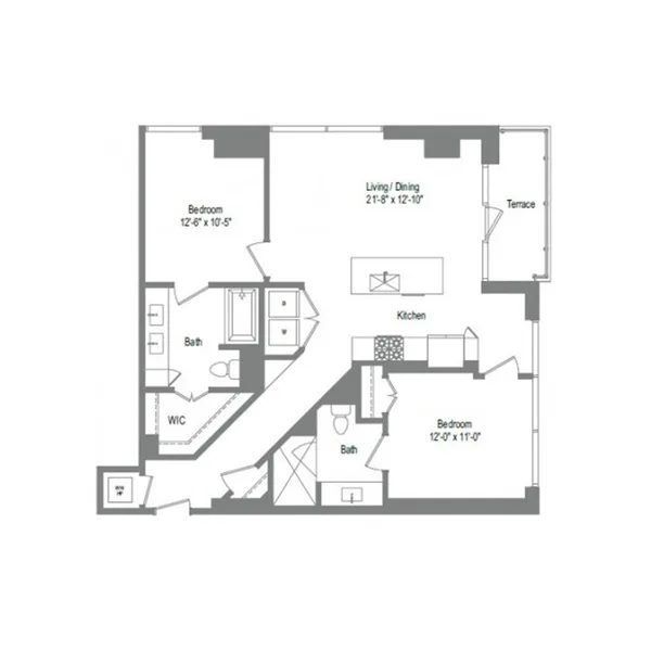 B2C floor plan, 2 bedroom, 1,121 sq ft