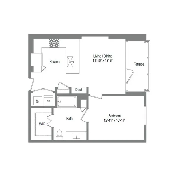 A2 floor plan, 1 bedroom